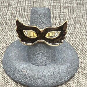 Masquerade Mask Adjustable Ring Gold Onyx Black Mardi Gras Halloween Party
